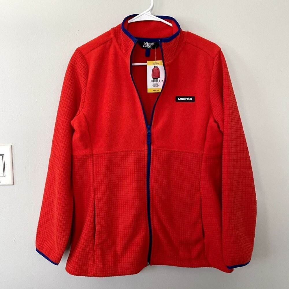 NWT Lands' End bright‎ orange blue full zip sweater fleece pockets women size M